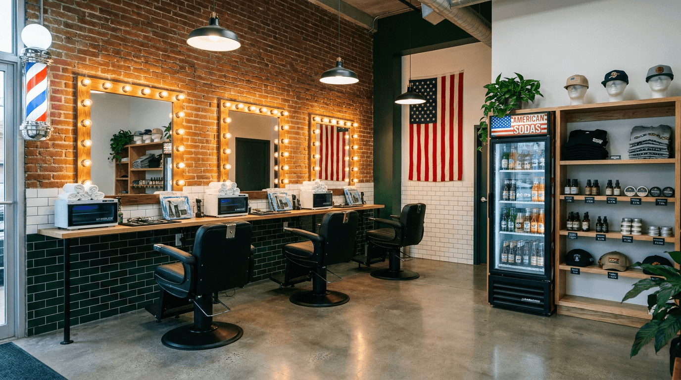 Inside Hudson Co. — brick walls, bulb-framed mirrors and leather chairs